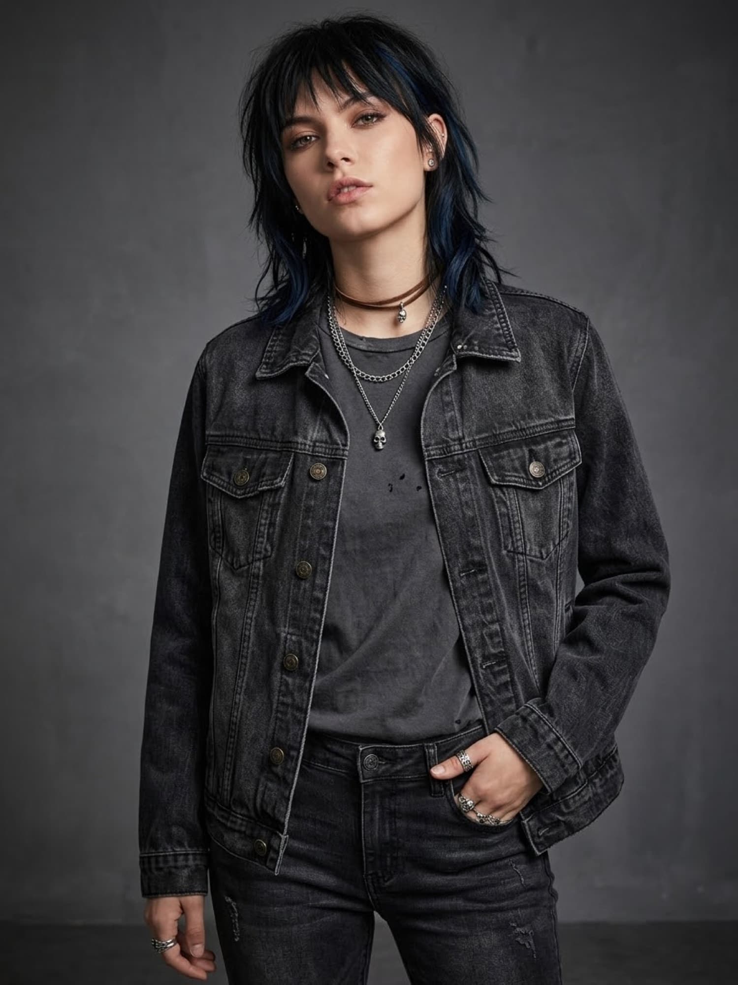 Frente de una chaqueta de la colección Noche, denim gris con lavado ácido