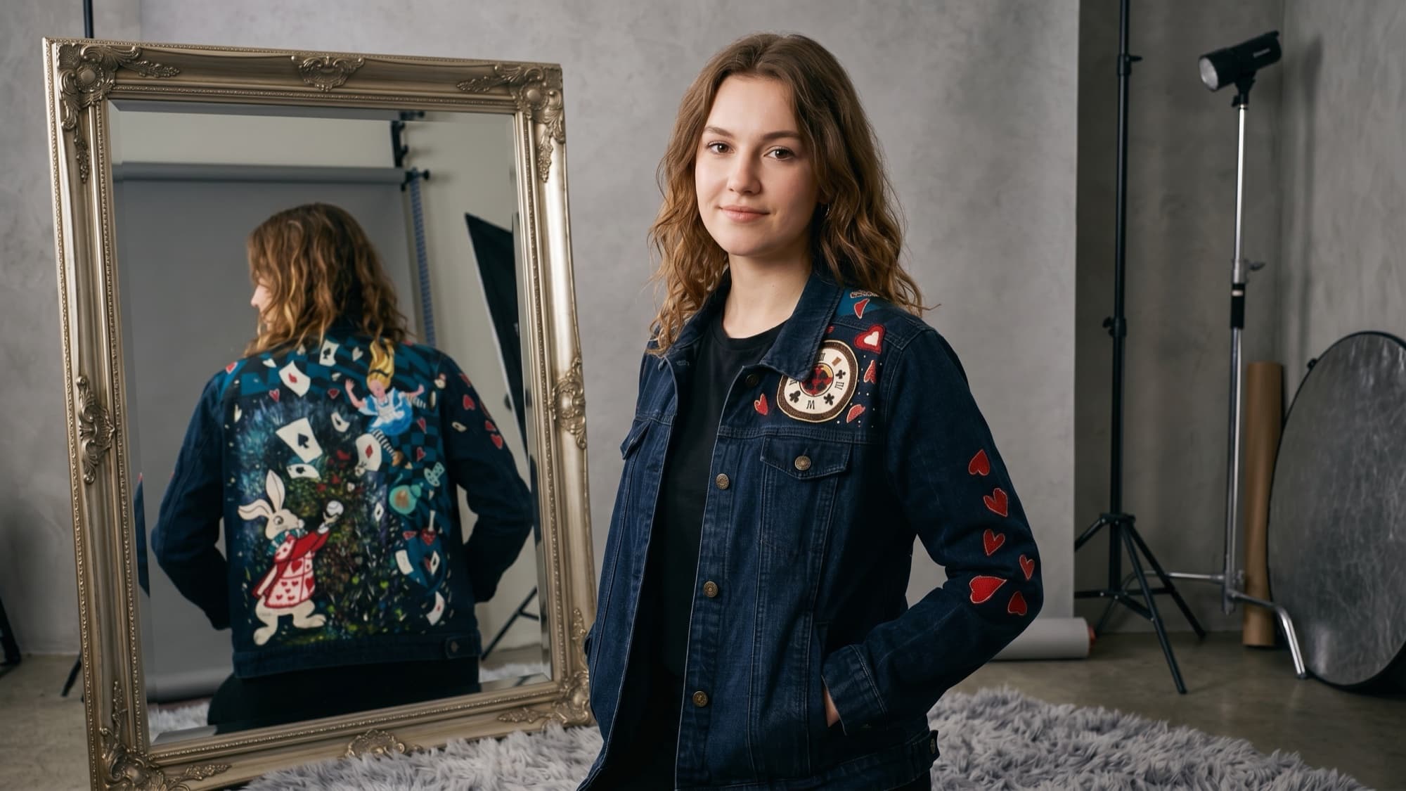 Chaqueta Wonderland puesta, de frente, con un espejo al lado que refleja la espalda pintada