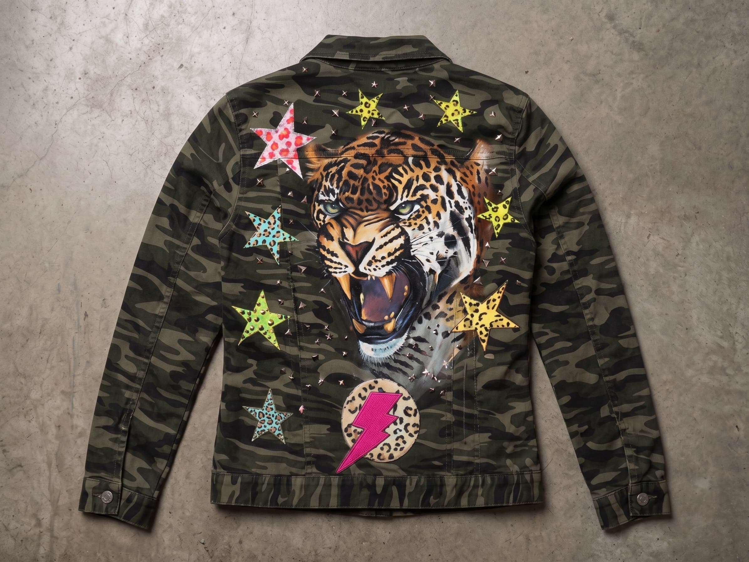 Espalda de la chaqueta Leopardo Estelar: leopardo rugiendo pintado a mano sobre camuflado, con estrellas animal print y un rayo fucsia