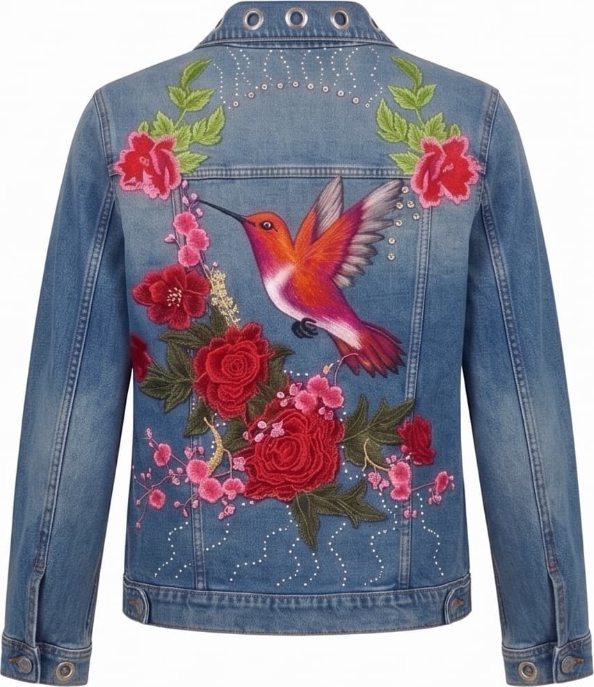 Detalle de la espalda: las rosas rojas y las hojas verdes pintadas con acrílico textil sobre la mezclilla