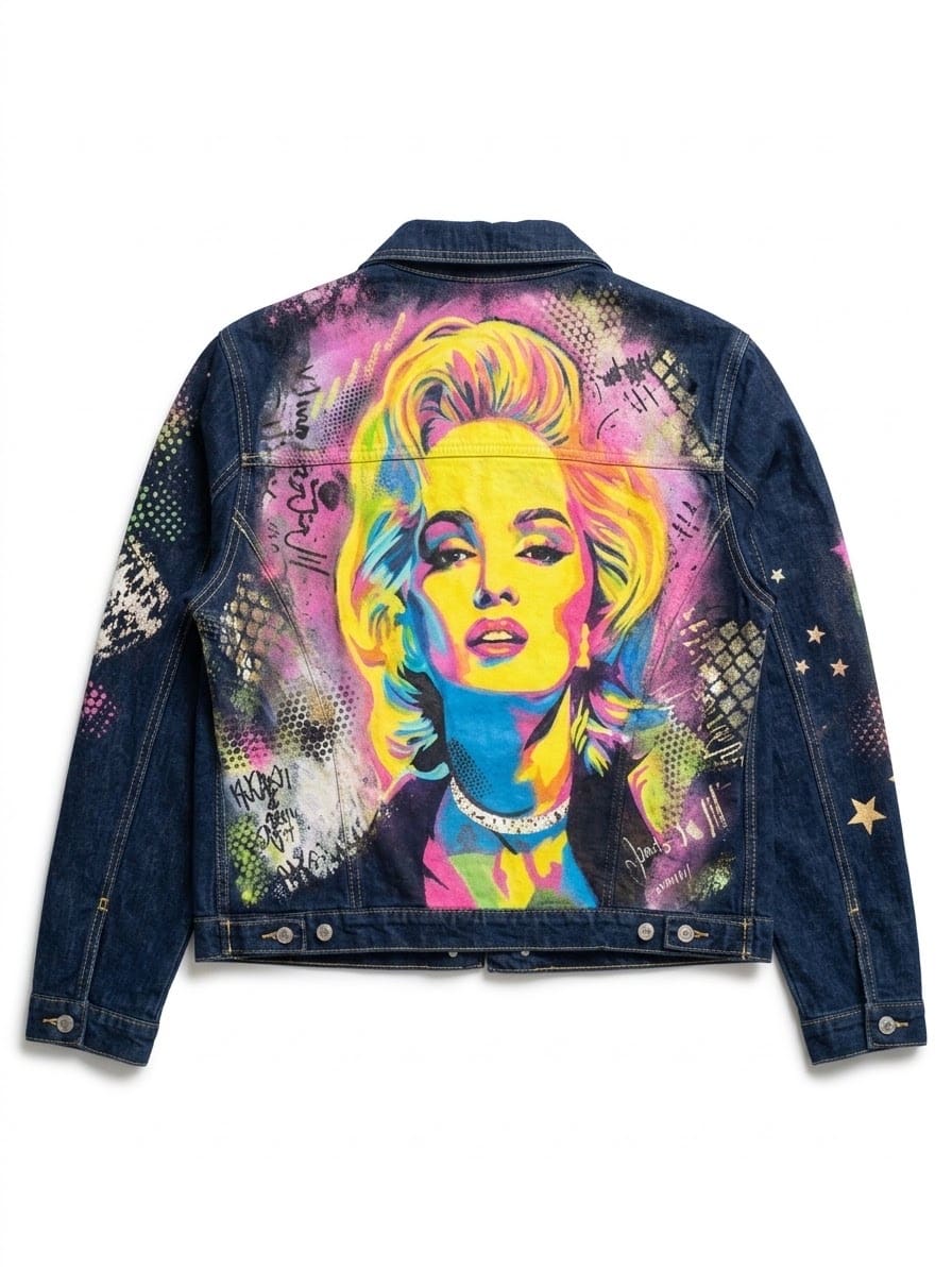 Espalda de la chaqueta Vogue: retrato pop en amarillo neón, fucsia y cian sobre mezclilla índigo, con halo de aerosol y estrellas