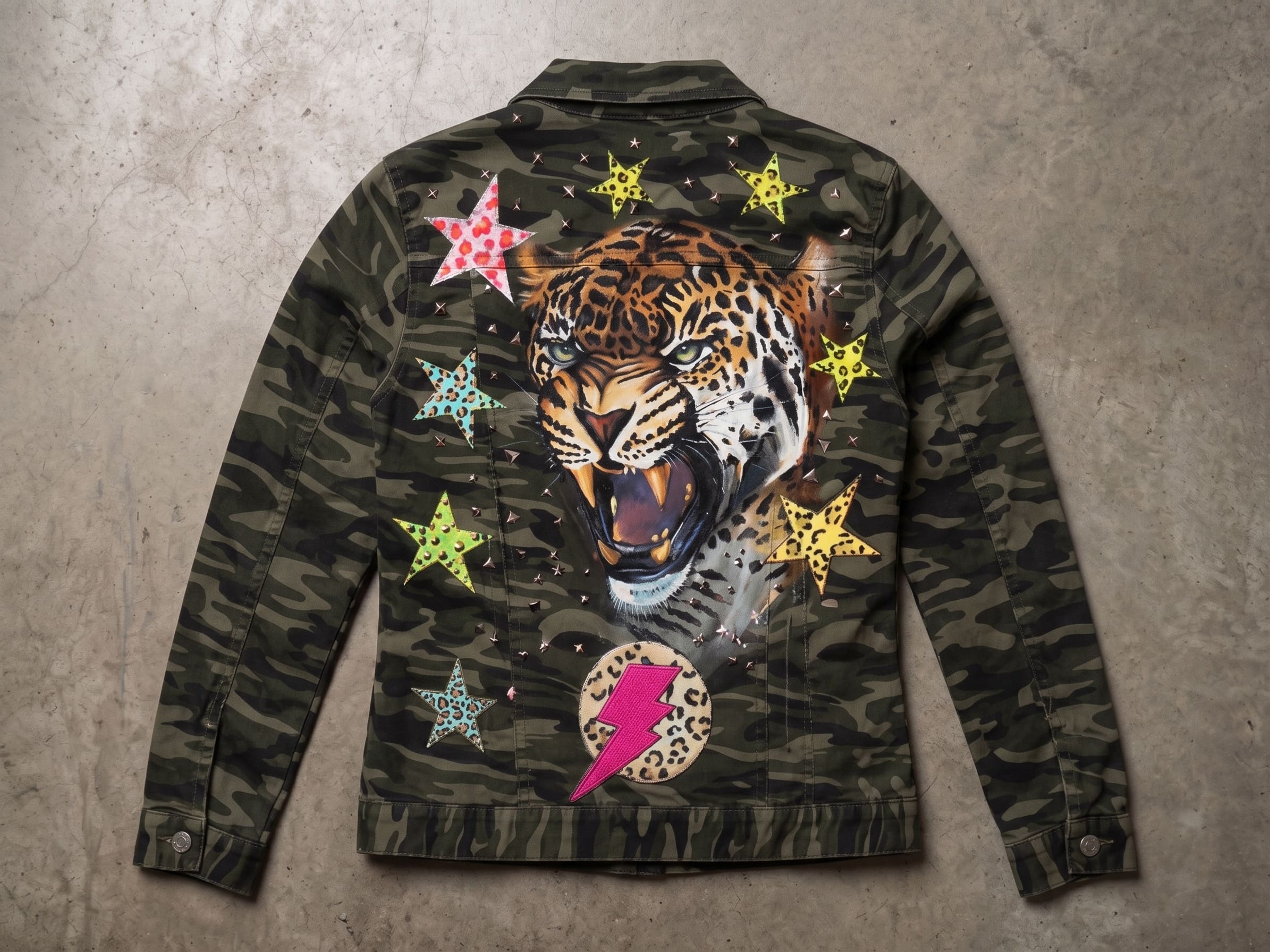 Espalda de la chaqueta Leopardo Estelar: leopardo rugiendo pintado a mano sobre camuflado, con estrellas animal print y un rayo fucsia