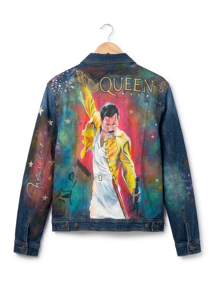 Espalda de la chaqueta Wembley 86: Freddie con la chaqueta militar amarilla y el puño en alto, sobre una nebulosa magenta, con QUEEN en letras doradas arriba