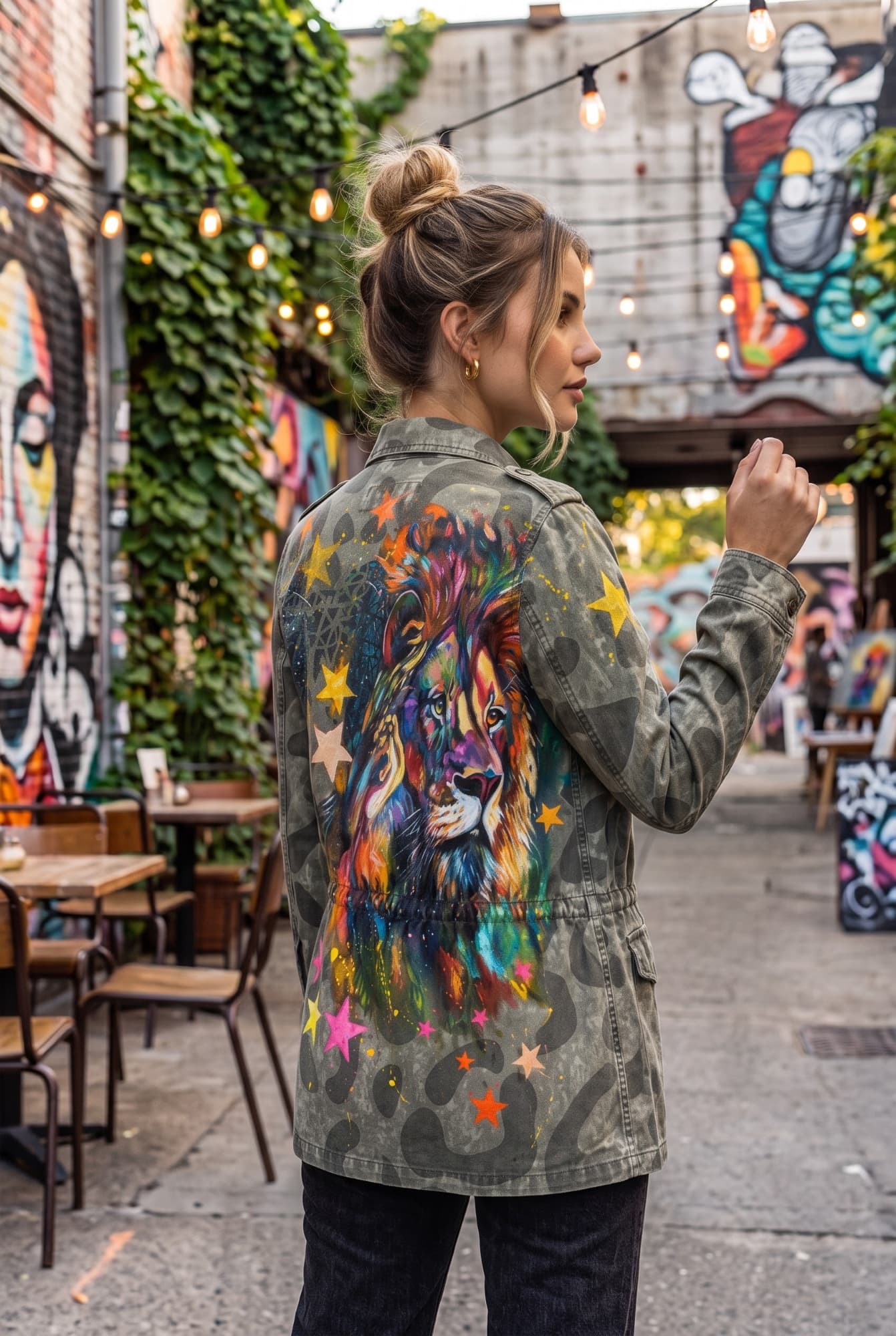 Chaqueta de mezclilla pintada a mano sin nombre, talla M